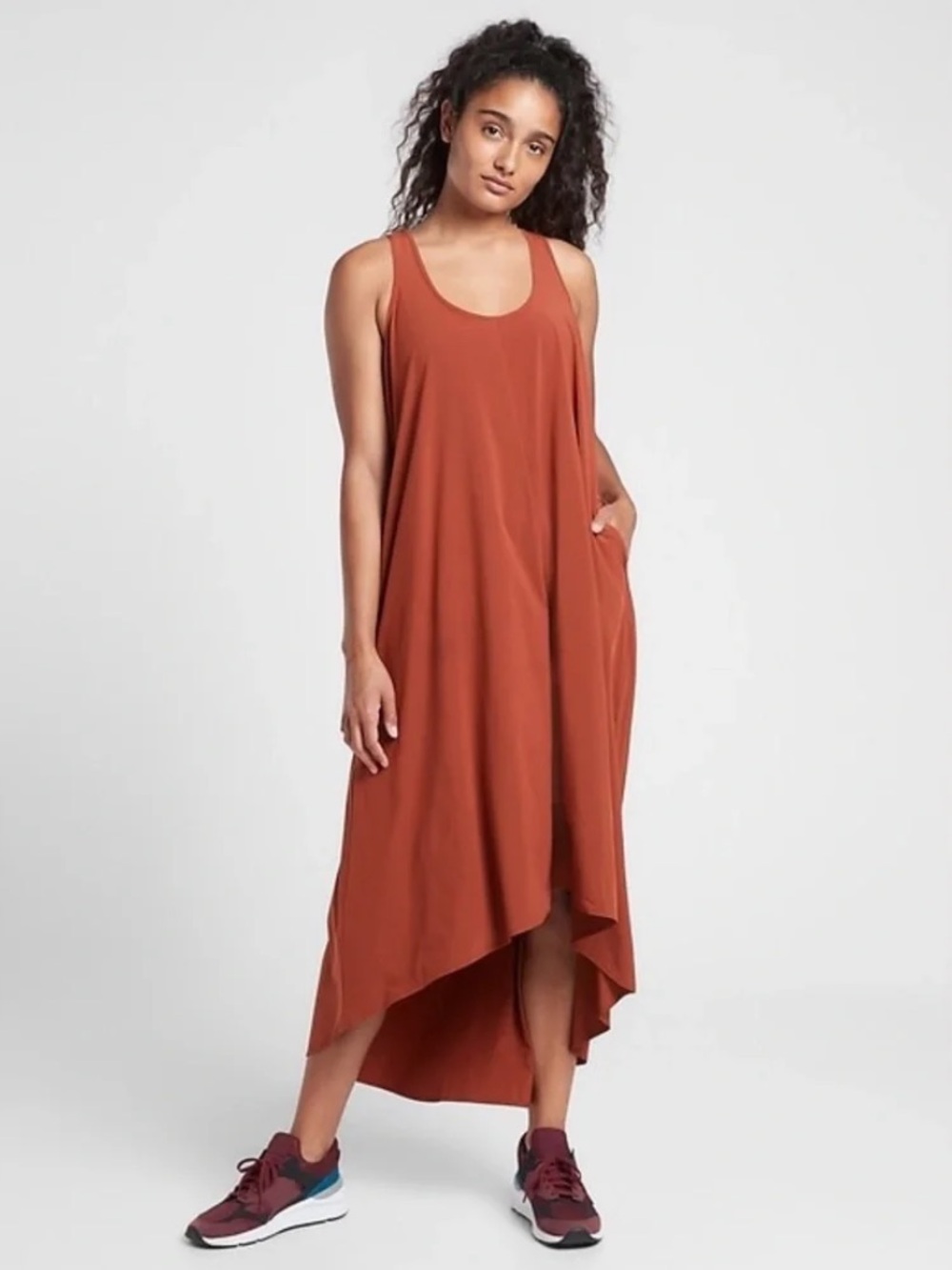 Athleta Maxi Asymmetrical Presido Traveler Dress Redwood Rust Pockets Large